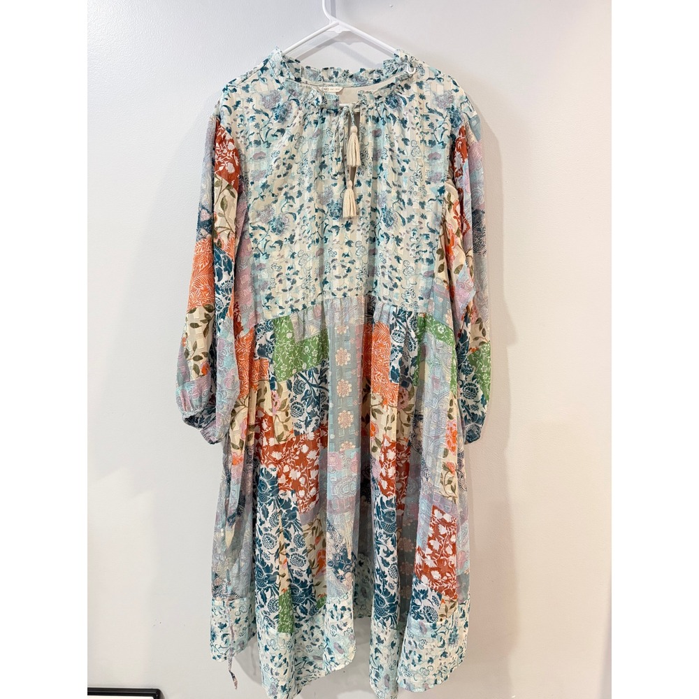 Cato Womens Plus 26/28W Patchwork Floral Midi Dress Tassel Tie Balloon Sleeve